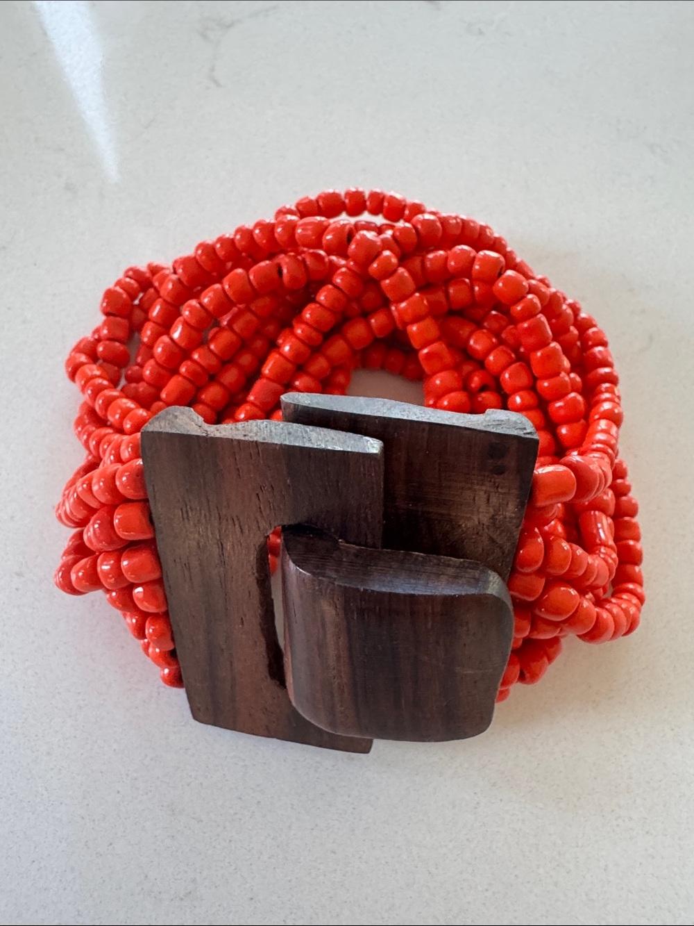 Beaded Coral Multi-Strand Bracelet with Wooden Clasp New ✨
